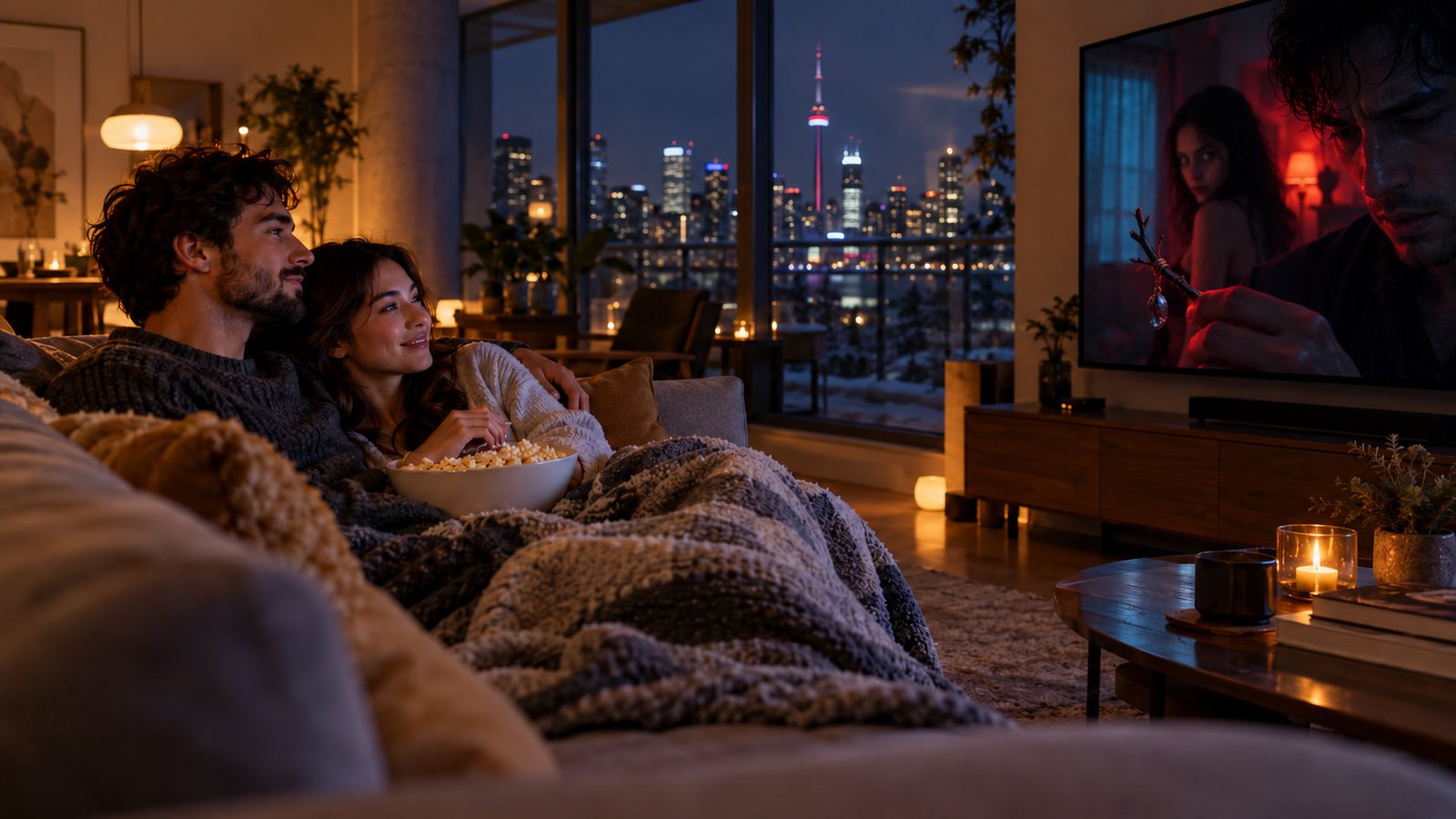 A couple watches a thriller together at home.