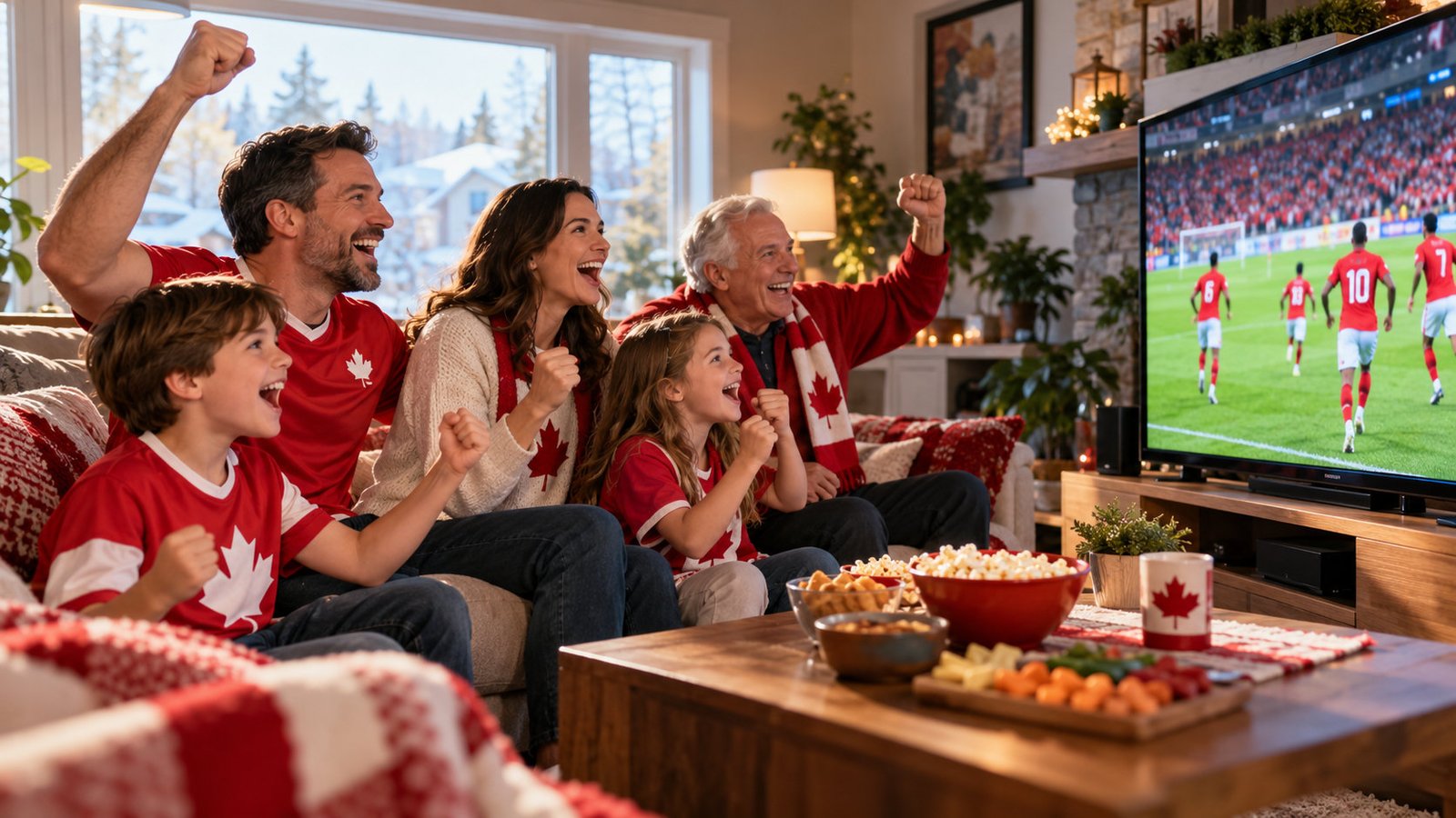 A Canadian family cheers for its team during a match.